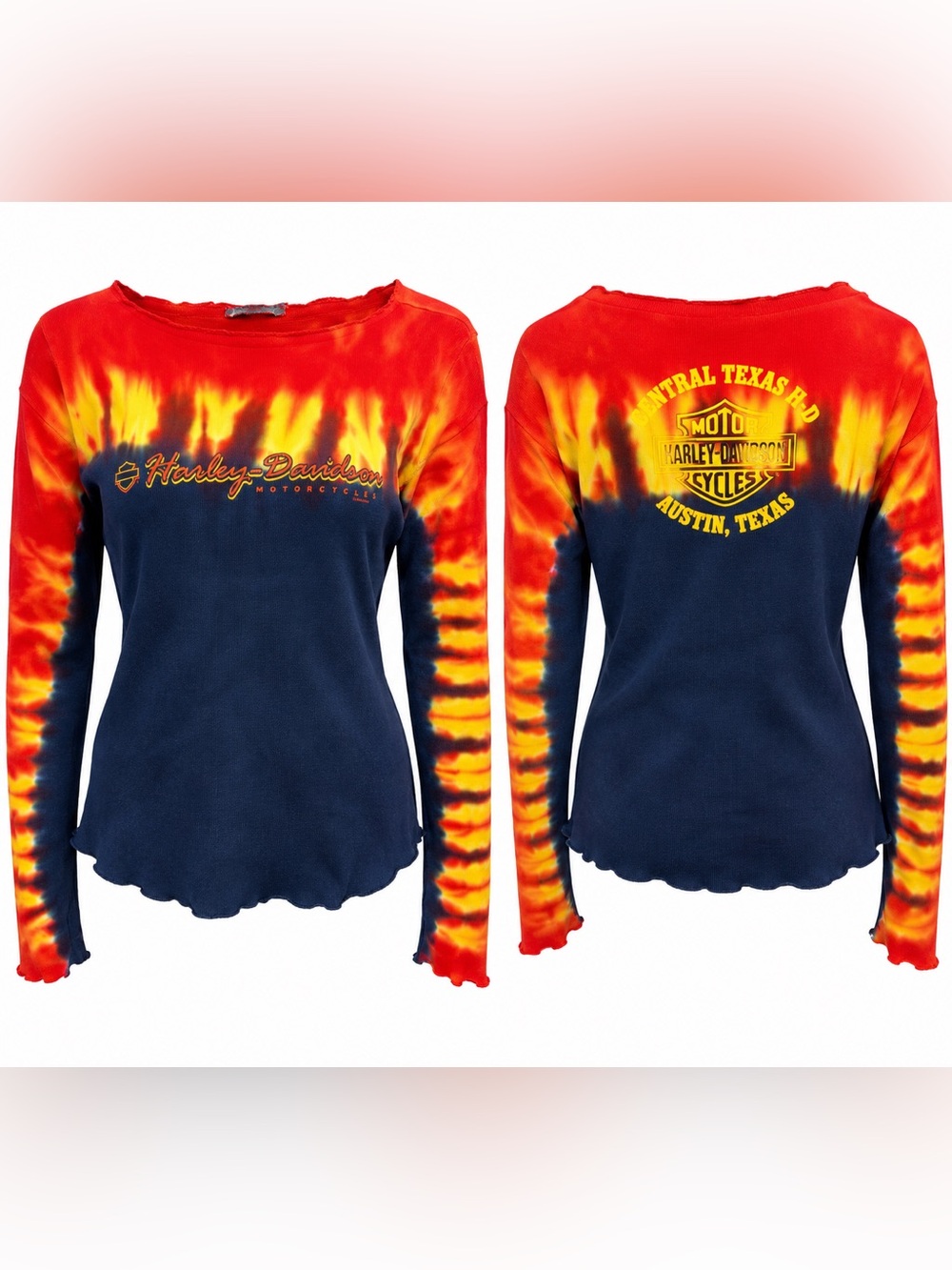 Harley Davidson VTG Flame Tie Dye Long Sleeve Shirt Y2K Biker Moto Grunge Tee S